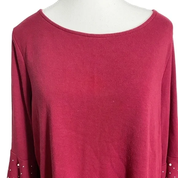 Quacker Factory RED Wine Pearl Beads on Bell Sleeve Dressy Top Size Large - Picture 3 of 12